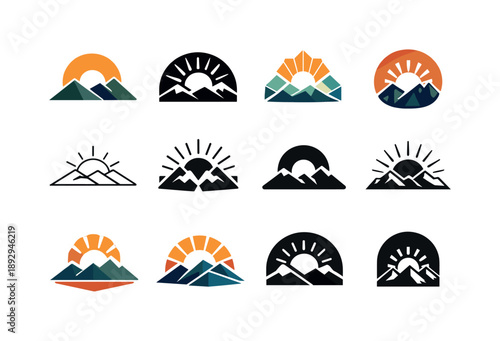 Spiritual Awakening Logos. Spiritual awakening. Icon set. Set Logo of Spiritual awakening: rising sun behind mountains. harmonious logo variations of the same