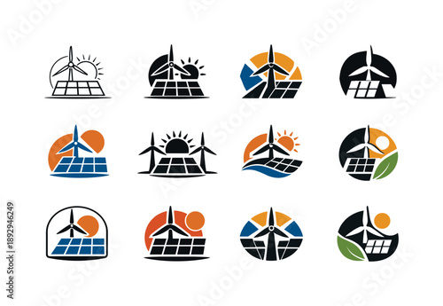 Renewable Energy Logos. Renewable energy sources (solar, wind). Icon set. Set Logo of Renewable energy sources (solar, wind): solar panel and wind turbine