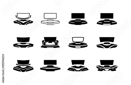 Futuristic Logo Variations. Tech gadget display. Icon set. Set Logo of Tech gadget display: futuristic display pedestal. harmonious logo variations of the same