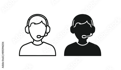 Two customer service representatives wearing headsets in black and white
