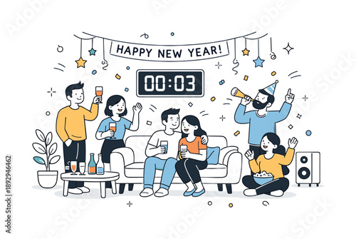 Cozy Countdown Celebration. New Year countdown party indoors. Group celebrating at home with simple decorations and confetti, cozy atmosphere and relaxed