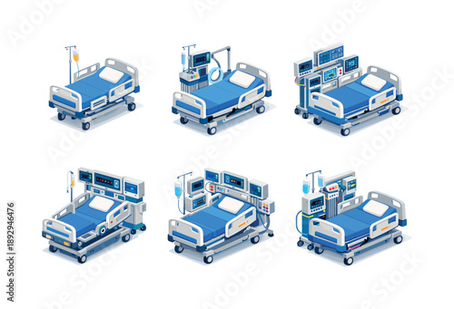 ICU Bed Icons. ICU beds. Isometric flat vector icons set of ICU beds: intensive care bed, hospital bed with ventilator, ICU bed with monitors, advanced medical