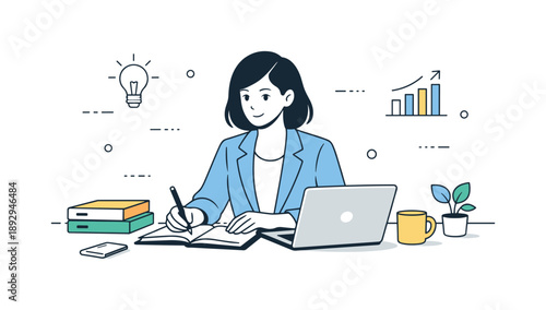 Empowered Woman at Work. Strong women concept illustration. A focused woman working with documents or a laptop, showing independence and professional
