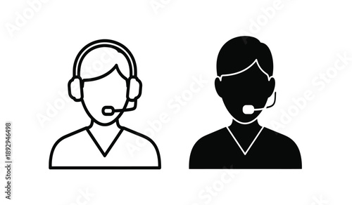 Two customer service representatives wearing headsets in line art style