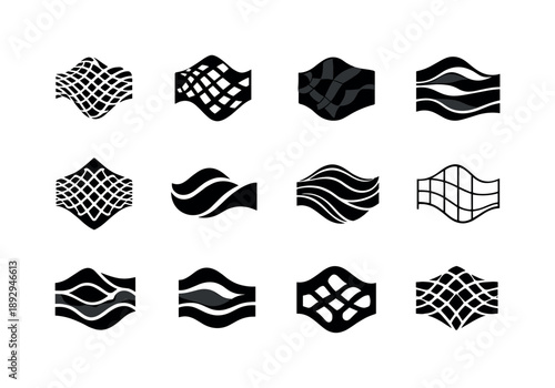 3D Facade Logo Variations. 3D facade. Icon set. Set Logo of 3D facade: parametric facade pattern. harmonious logo variations of the same emblematic concept,