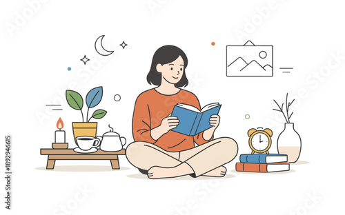 Sustainable Minimalism Scene. Sustainable minimalism ? slow living. Person enjoying a quiet daily ritual like drinking tea or reading, surrounded by only a few