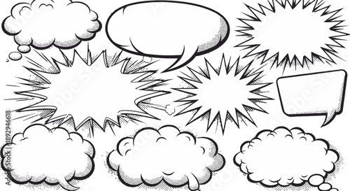 Comic book speech bubbles and explosion effects illustrations