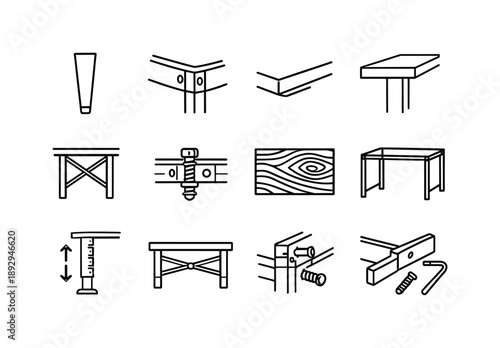Table Icon Set. Table Details. Line icon set of Table Details: table leg design, table joint detail, tabletop edge, table corner, cross support bars, table