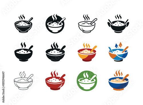 Global Breakfast Icons. Trying global breakfast traditions. Icon set. Set Logo of Trying global breakfast traditions: congee bowl. harmonious logo variations