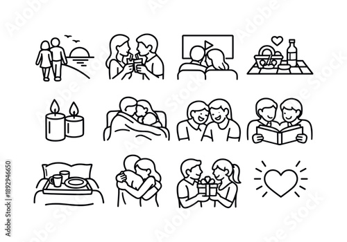 Romantic Connection Icons. Romantic Connection Moments. Line icon set of Romantic Connection Moments: sunset walk, shared drink, movie night, picnic date,