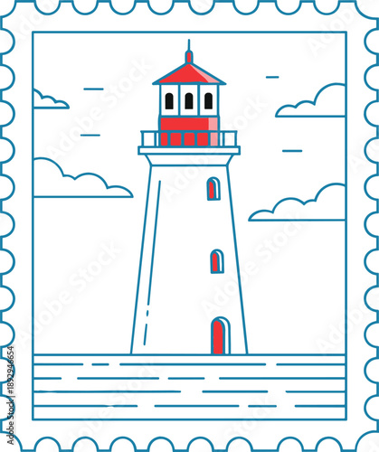 Nautical postage stamp vector illustration featuring a red and white lighthouse by the sea with clouds.