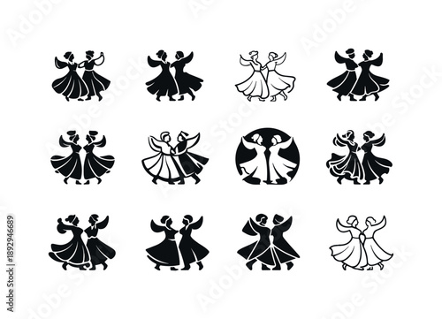 Joyful Dancer Icons. Joyful dancers in traditional costumes. Icon set. Set Logo of Joyful dancers in traditional costumes: traditional dress movement flow.
