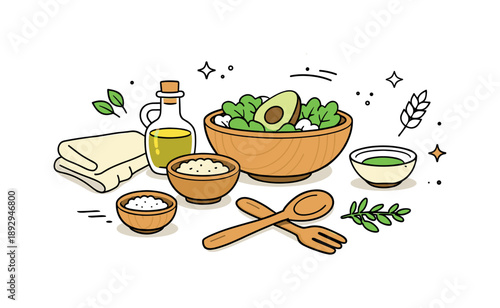 Organic Food Styling. Organic food styling setup. Natural props like wooden spoons, bowls, and textured fabric placed in a balanced composition. Calm