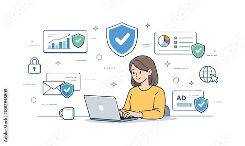 Secure Marketing Platforms. Cybersecurity for digital marketing and advertising platforms. Marketing specialist reviewing security dashboards and protected ad