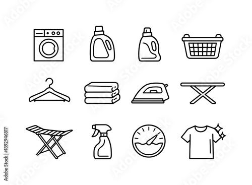 Laundry Icon Set. Laundry Care. Line icon set of Laundry Care: washing machine, detergent bottle, fabric softener, laundry basket, clothes hanger, folded
