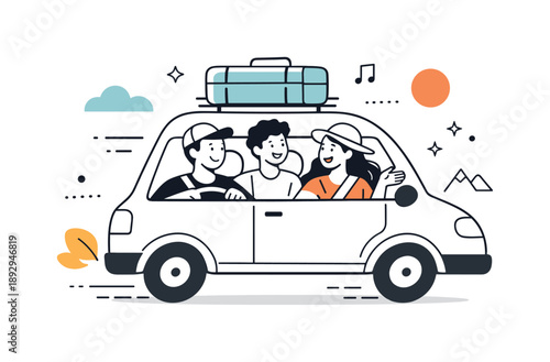 Road Trip Adventure. People on a road trip. Friends traveling together in a car, enjoying the journey and talking along the way. Sense of freedom, movement,