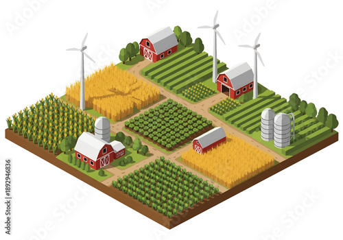 Isometric 3D view illustration of farmland scenery with crop fields, barns, windmills, and rural roads, modern vector landscape for agriculture and countryside design