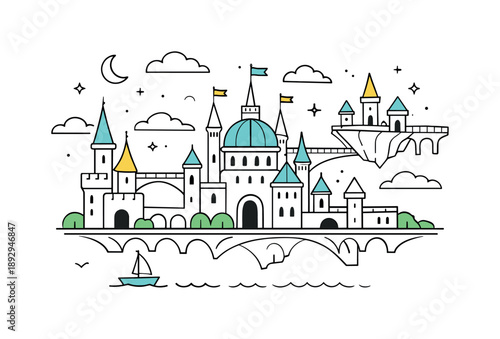 Whimsical Dreamscape City. Fabled cities. A whimsical cityscape with tall spires, floating bridges, and subtle clouds drifting above. Calm magical atmosphere