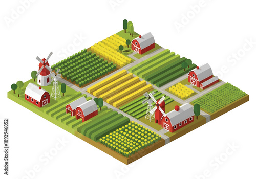 Isometric 3D view illustration of farmland scenery with crop fields, barns, windmills, and rural roads, modern vector landscape for agriculture and countryside design