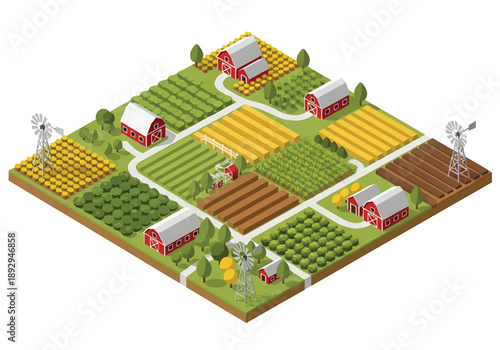 Isometric 3D view illustration of farmland scenery with crop fields, barns, windmills, and rural roads, modern vector landscape for agriculture and countryside design