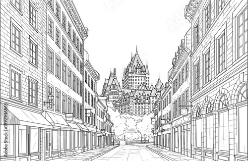 Old Quebec City street hand drawn sketch vector featuring Chateau Frontenac historic architecture and European style buildings.