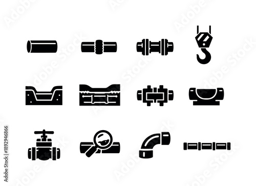 Pipeline Construction Icons. Pipeline construction. Solid icon set of Pipeline construction: pipe segment, welding joint, flange connection, construction crane