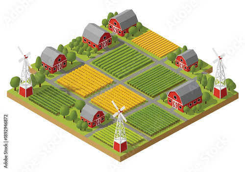 Isometric 3D view illustration of farmland scenery with crop fields, barns, windmills, and rural roads, modern vector landscape for agriculture and countryside design