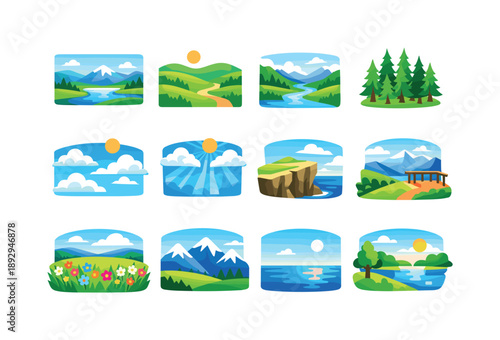 Nature Icon Set. Nature View. Colorful flat vector icons set of Nature View: panoramic landscape, rolling hills, river valley, pine forest, cloudy sky, sun
