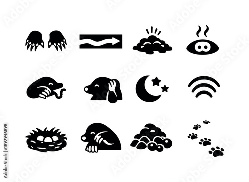 Mole Activity Icons. Mole behavior. Solid icon set of mole behavior: digging paws, tunneling arrow, soil push motion, sniffing nose, hunting worm, listening