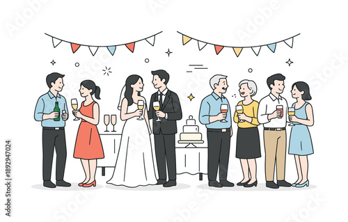Elegant Wedding Reception. Guests at wedding reception. A simple festive space with guests talking, laughing, and holding light drinks. Relaxed elegance,