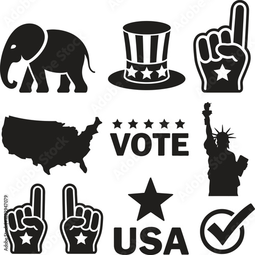 Election Voting, USA Symbols, Elephant, Liberty, USA Map, Vote, USA Politics, Democracy. Vector Illustration