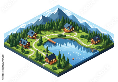 Isometric 3D view illustration of a mountain lake surrounded by forests and cabins, peaceful vector scenery designed for travel, nature, and outdoor concepts