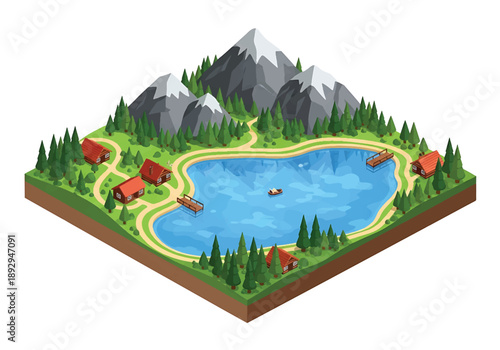 Isometric 3D view illustration of a mountain lake surrounded by forests and cabins, peaceful vector scenery designed for travel, nature, and outdoor concepts