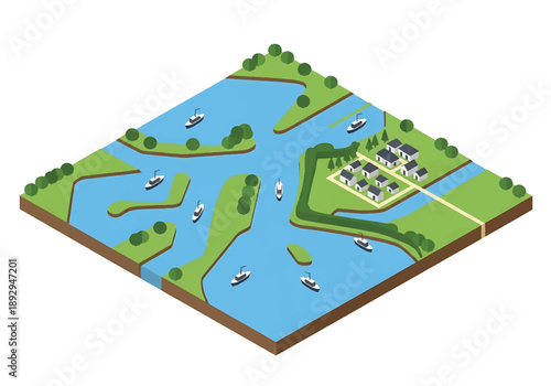 Isometric 3D view illustration of a river delta with branching waterways, wetlands, boats, and surrounding land, clean vector scenery for geography and environment themes
