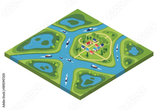 Isometric 3D view illustration of a river delta with branching waterways, wetlands, boats, and surrounding land, clean vector scenery for geography and environment themes