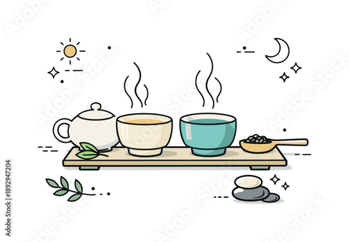 Ceramic Tea Ritual. Ceramic tea ritual. Stoneware tea cups with gentle steam rising, suggesting warmth, slow living, and a peaceful daily moment. Minimalist