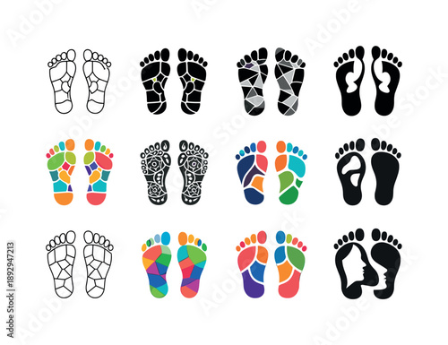 Reflexology Icon Set. Reflexology. Icon set. Set Logo of reflexology: human foot pressure points map. harmonious logo variations of the same emblematic