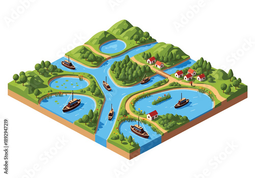 Isometric 3D view illustration of a river delta with branching waterways, wetlands, boats, and surrounding land, clean vector scenery for geography and environment themes