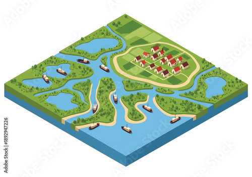 Isometric 3D view illustration of a river delta with branching waterways, wetlands, boats, and surrounding land, clean vector scenery for geography and environment themes
