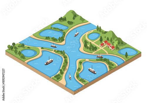 Isometric 3D view illustration of a river delta with branching waterways, wetlands, boats, and surrounding land, clean vector scenery for geography and environment themes