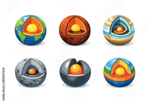 Planetary Layers Grid. Planet Interiors. Isometric flat vector icons set of Planet Interiors: Earth core layers, Mars cut section, gas planet interior swirl,