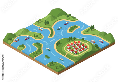 Isometric 3D view illustration of a river delta with branching waterways, wetlands, boats, and surrounding land, clean vector scenery for geography and environment themes