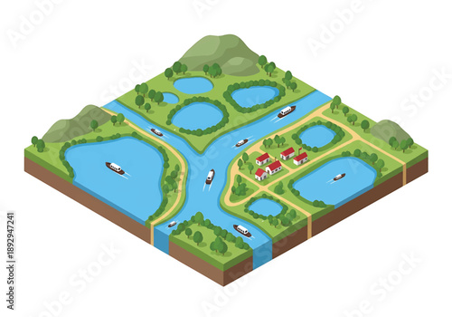 Isometric 3D view illustration of a river delta with branching waterways, wetlands, boats, and surrounding land, clean vector scenery for geography and environment themes