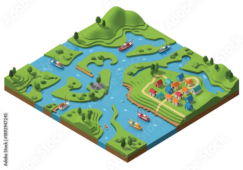 Isometric 3D view illustration of a river delta with branching waterways, wetlands, boats, and surrounding land, clean vector scenery for geography and environment themes