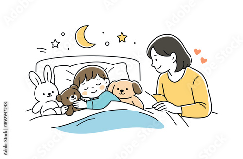 Peaceful Bedtime Scene. Nighttime comfort. Child lying in bed with stuffed animals and soft blankets, parent nearby for reassurance, capturing a gentle and