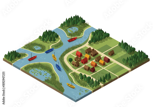 Isometric 3D view illustration of a river delta with branching waterways, wetlands, boats, and surrounding land, clean vector scenery for geography and environment themes