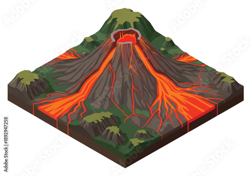 Isometric 3D view illustration of a volcanic landscape with cone volcano, lava paths, and surrounding terrain, stylized vector scenery for geology concepts