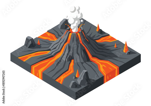 Isometric 3D view illustration of a volcanic landscape with cone volcano, lava paths, and surrounding terrain, stylized vector scenery for geology concepts