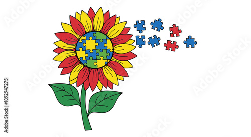 Colorful sunflower with puzzle pieces autism awareness illustration
