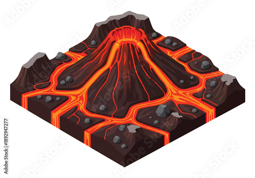 Isometric 3D view illustration of a volcanic landscape with cone volcano, lava paths, and surrounding terrain, stylized vector scenery for geology concepts